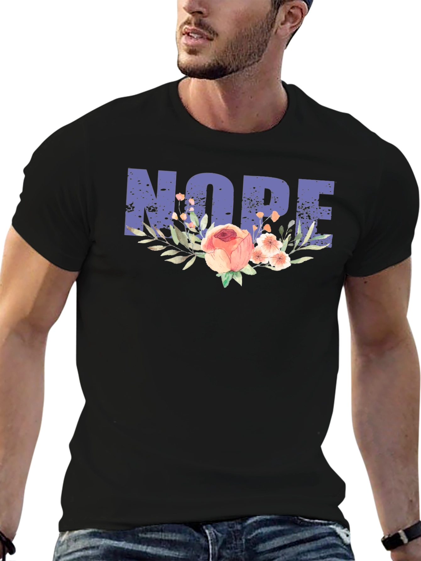 Black Nope Floral Graphic Tee - Unisex Black Cotton T-Shirt view 6