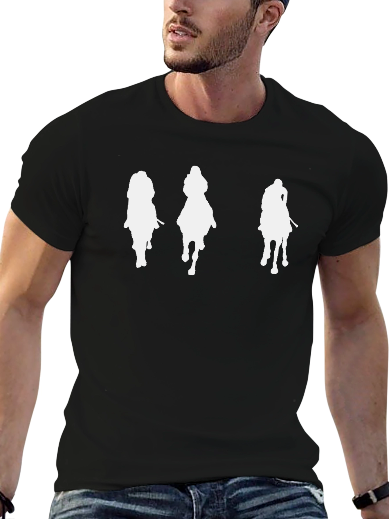 Black Men's Black T-Shirt with Horse Riders Graphic view 6