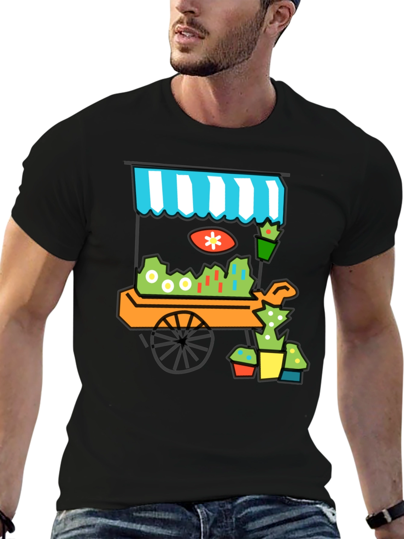 Black Whimsical Market Cart T-Shirt - Black Cotton Tee view 6
