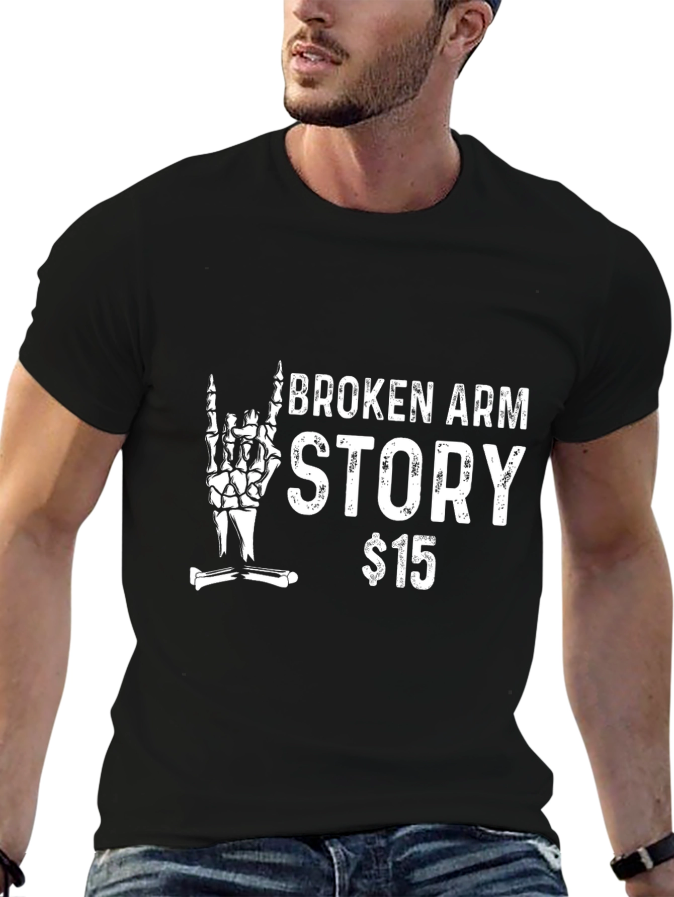 Black Broken Arm Story T-Shirt - Rock On Skeleton Tee view 6