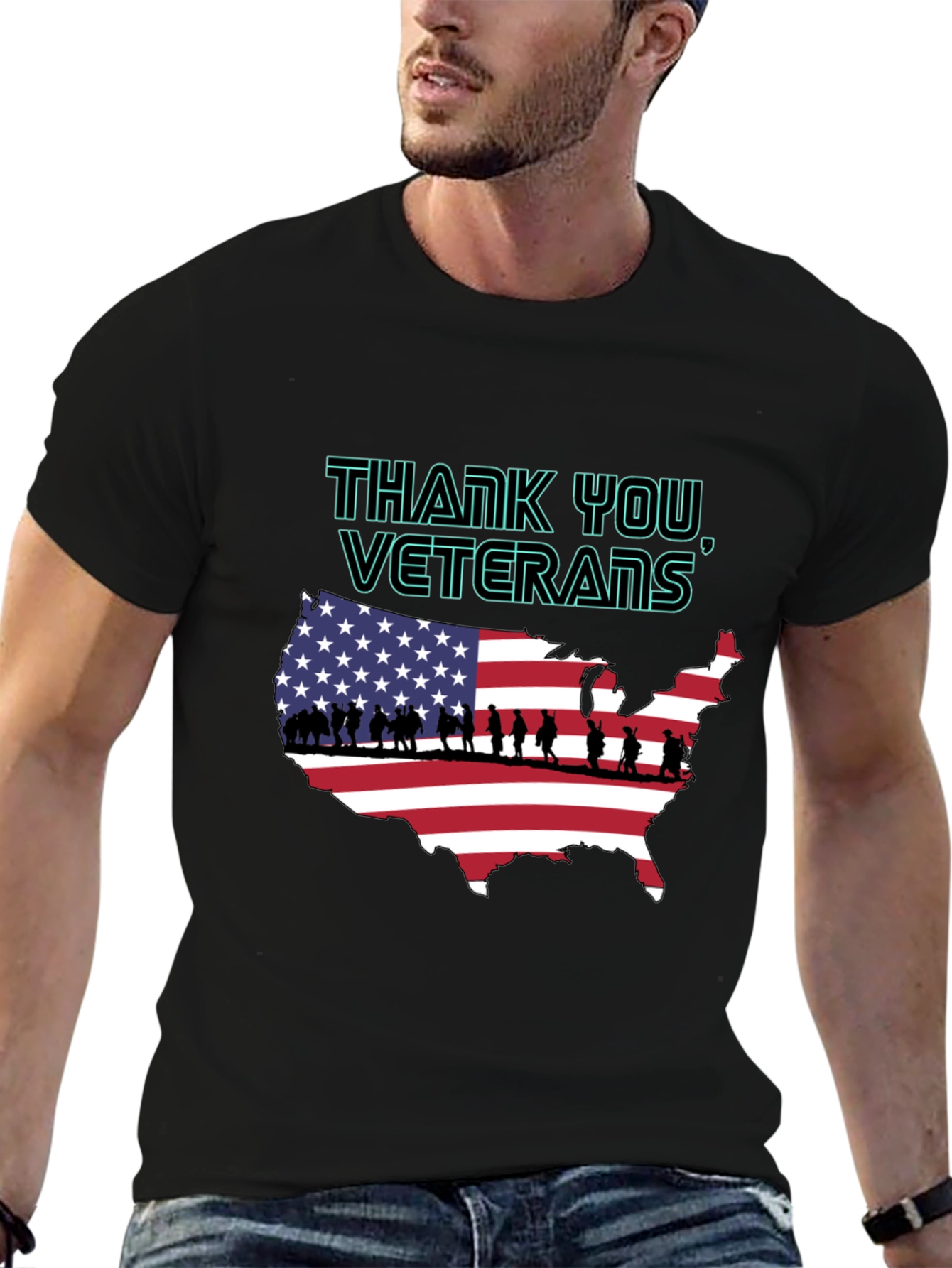 Black Thank You Veterans USA Map T-Shirt view 6