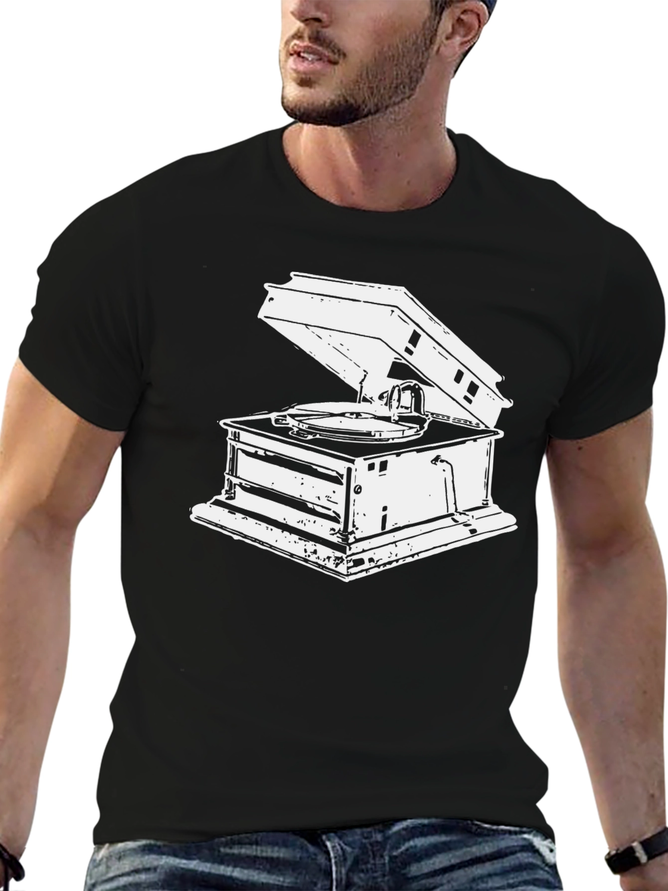 Black Vintage Gramophone Graphic Tee - Black Cotton T-Shirt view 6