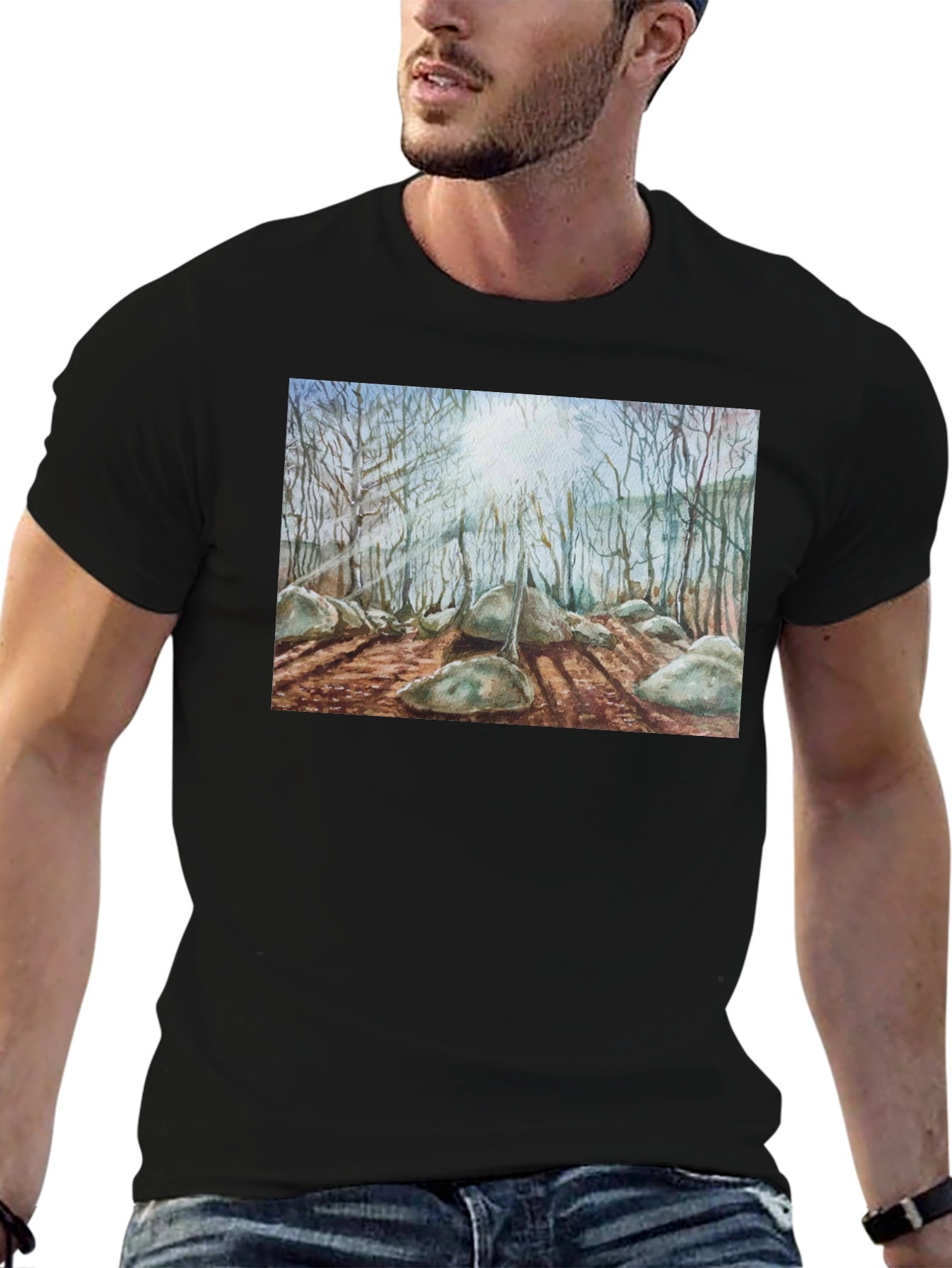 Black Watercolor Forest Print Black T-Shirt view 6