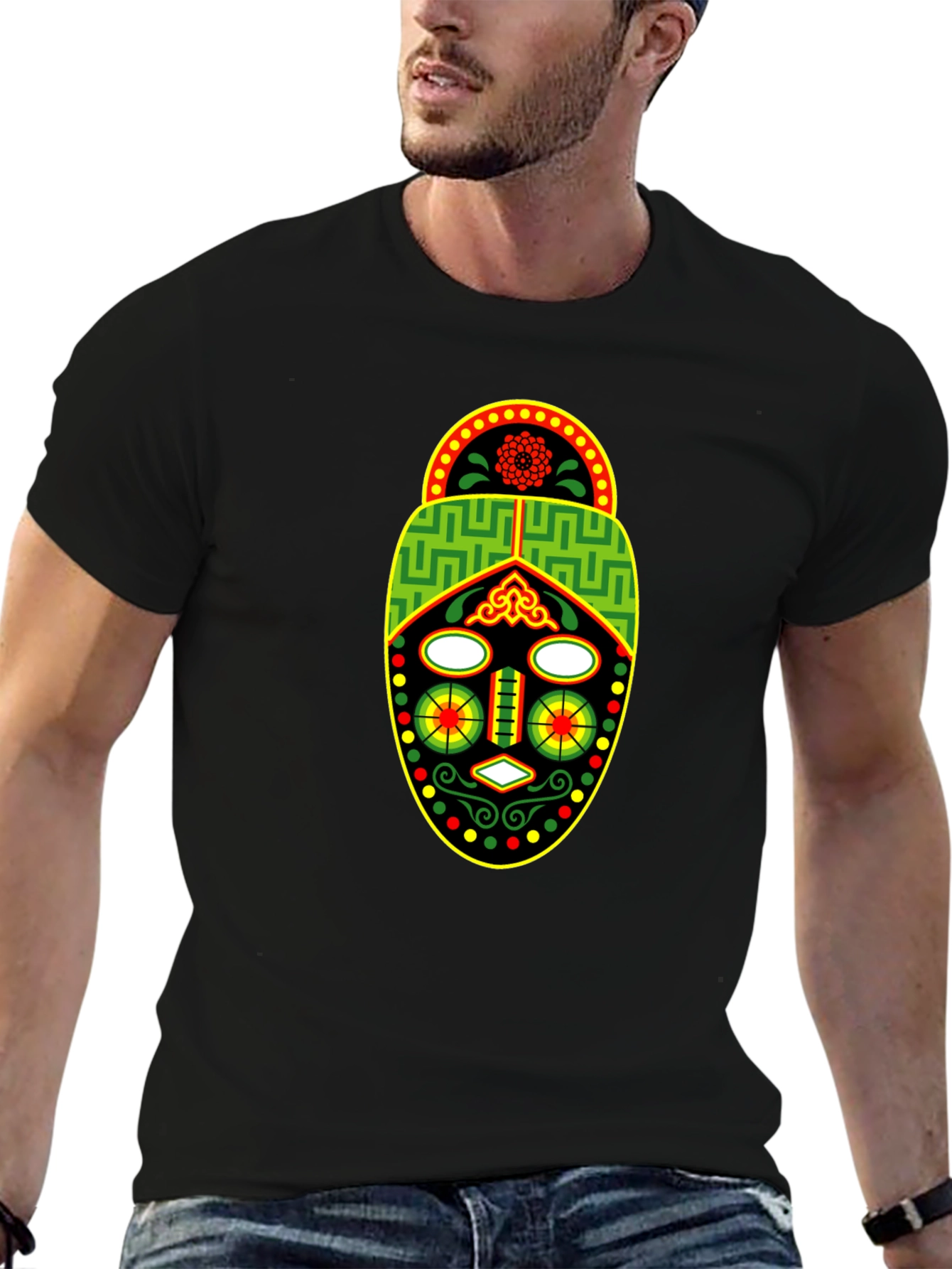 Black African Mask Graphic Tee - Black Crew Neck T-Shirt view 6