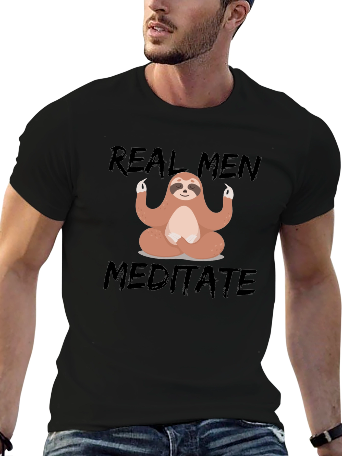 Black Real Men Meditate T-Shirt - Sloth Design view 6