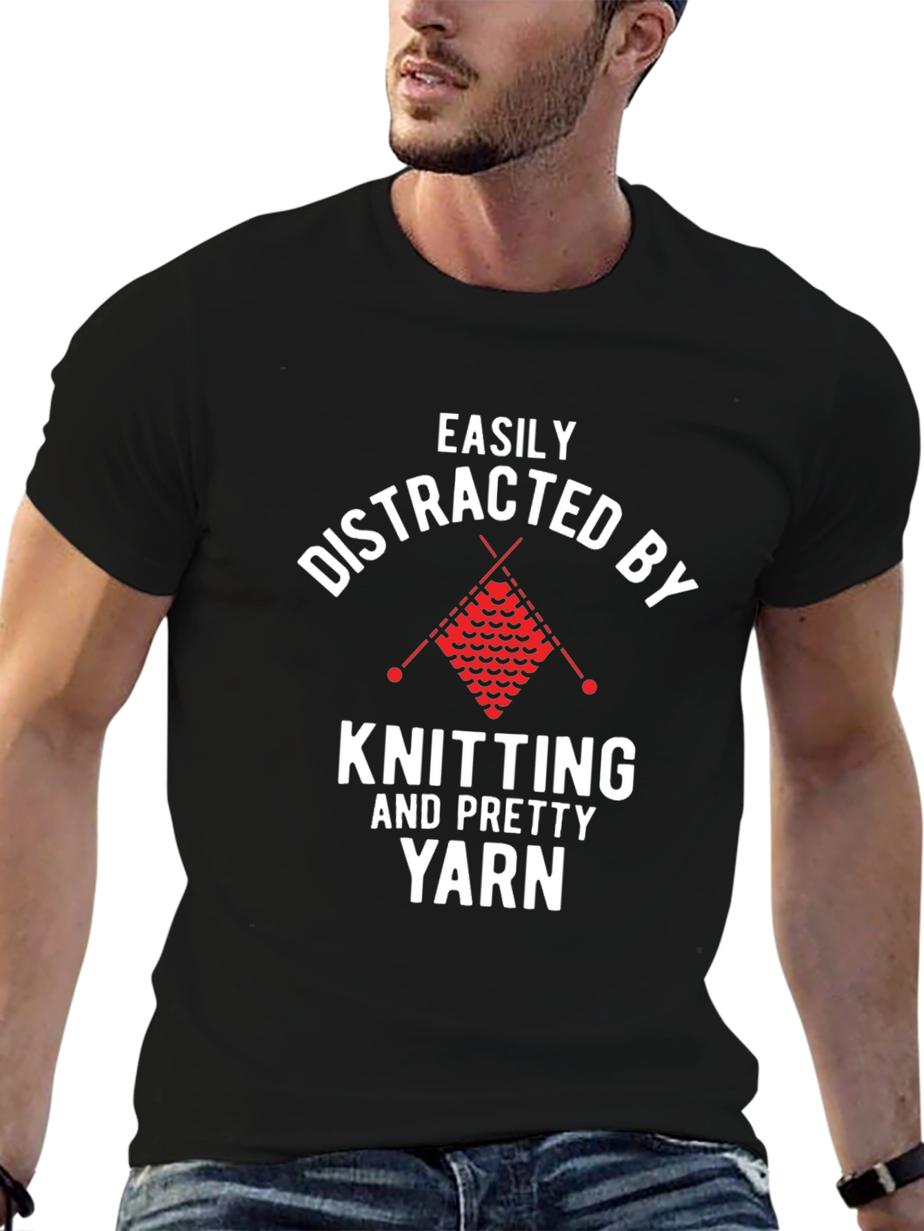 Black Easily Distracted by Knitting & Pretty Yarn T-Shirt view 6