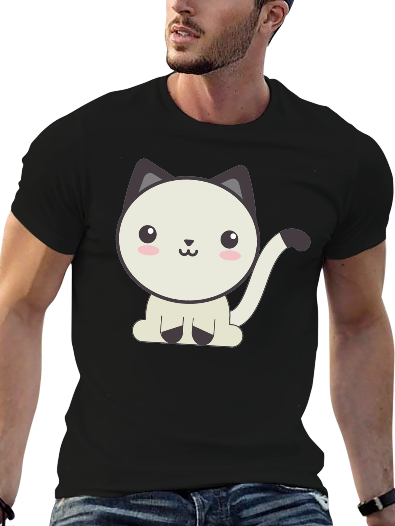 Black Cute Cartoon Cat Graphic Black T-Shirt view 6
