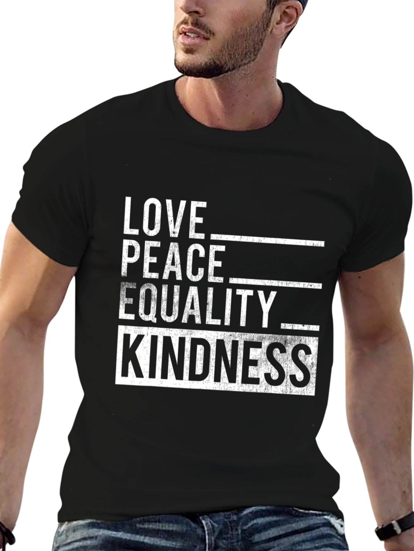 Black Love, Peace, Equality, Kindness Black Graphic T-Shirt view 6