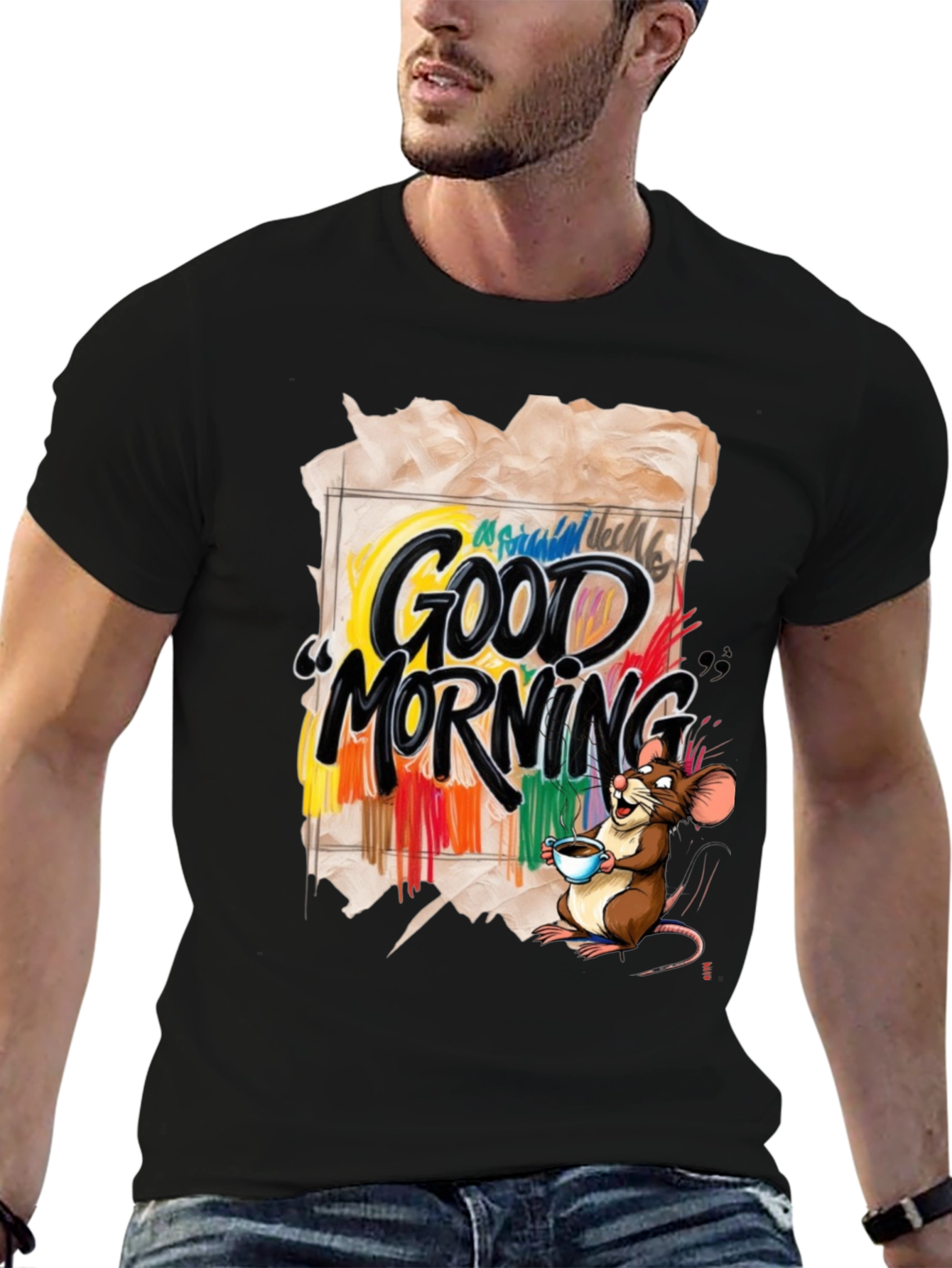 Black Good Morning Mouse Graphic T-Shirt view 6
