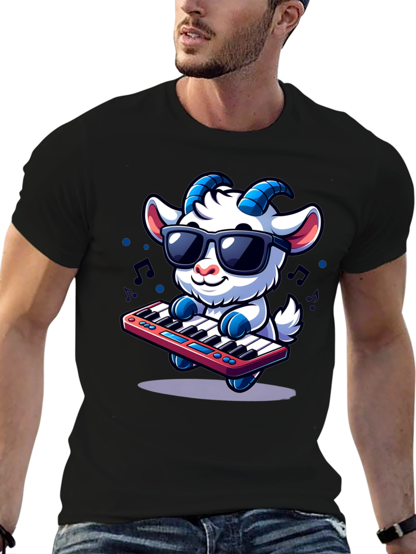 Black Cool Goat Keyboard Player Graphic Tee view 6