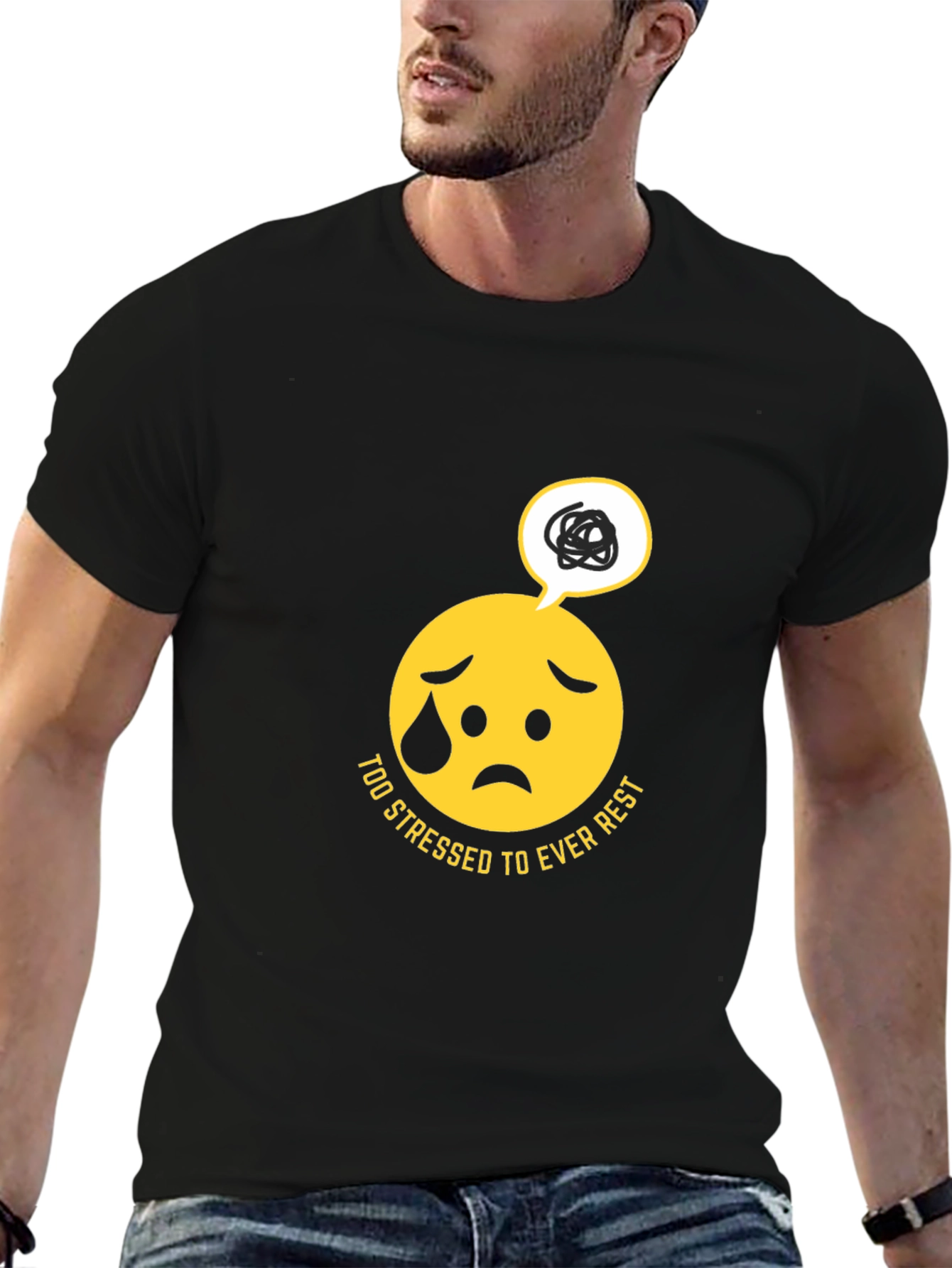 Black Stressed Emoji Graphic Black T-Shirt view 6