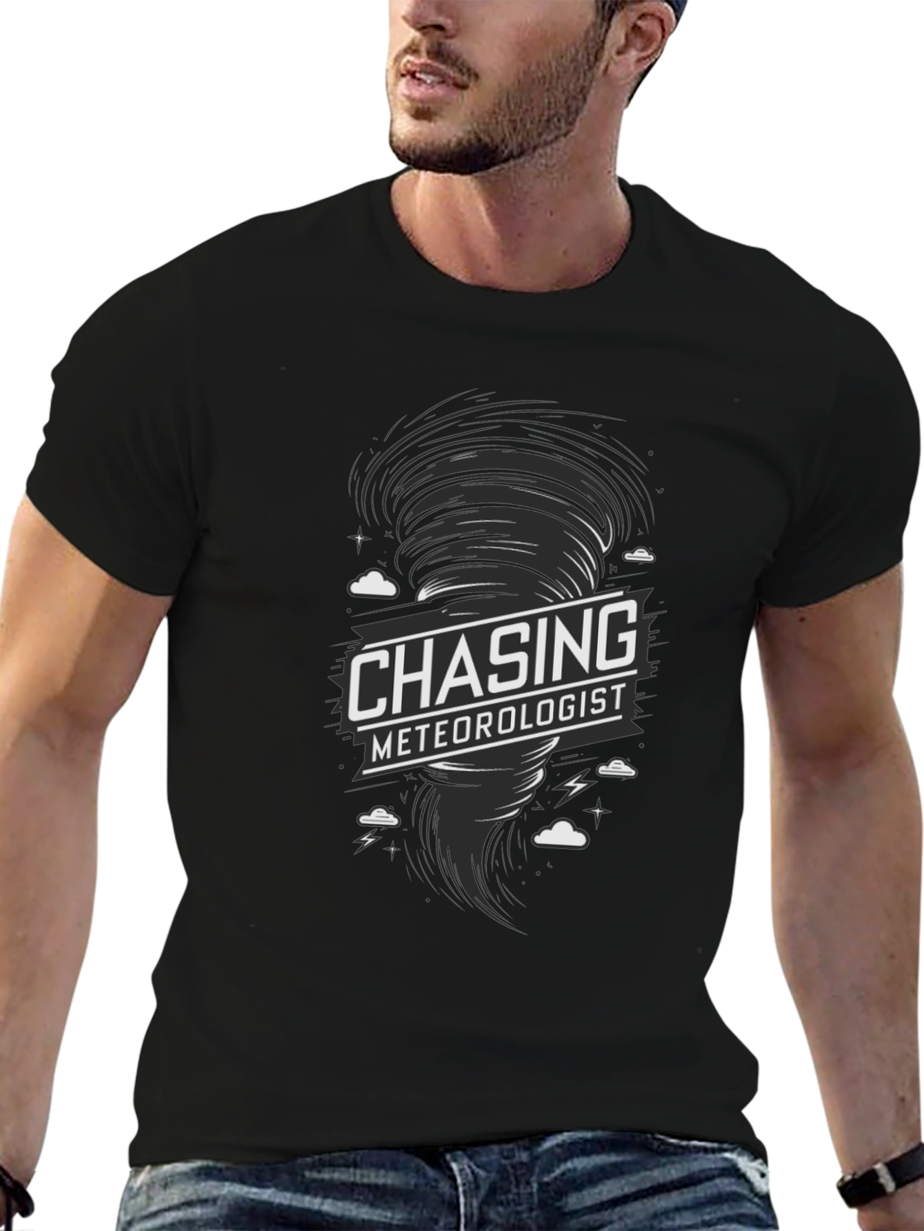Black Chasing Meteorologist Tornado Graphic T-Shirt view 6