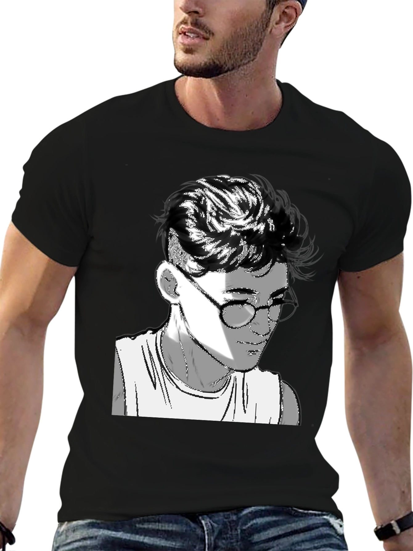Black Men's Black Graphic Tee - Retro Anime Design view 6