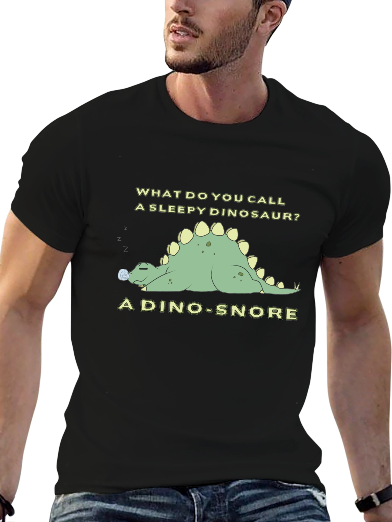 Black Dino-Snore T-Shirt - Sleepy Dinosaur Pun Tee view 6
