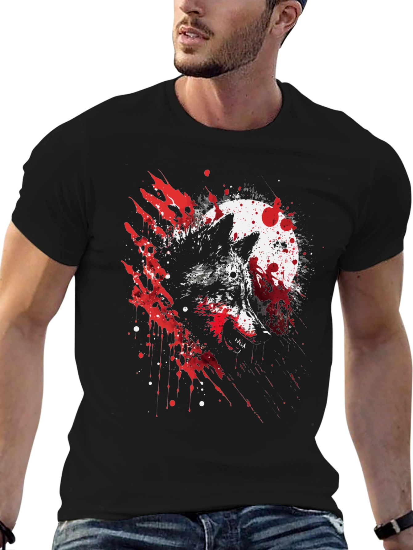 Black Wolf Moon Splatter Graphic Black T-Shirt view 6