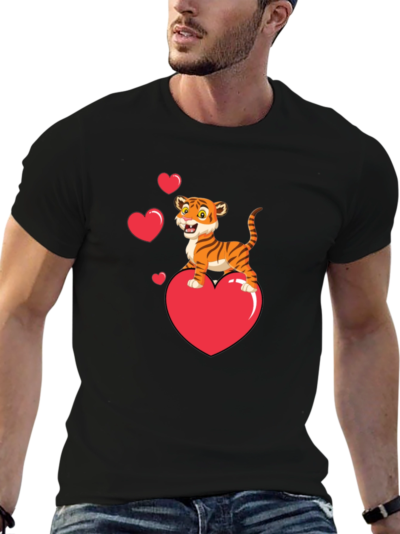 Black Cute Tiger on Heart Valentine's Black T-Shirt view 6