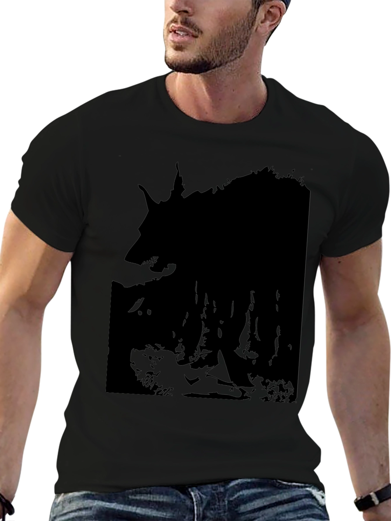 Black Men's Black Wolf Silhouette Graphic T-Shirt view 6