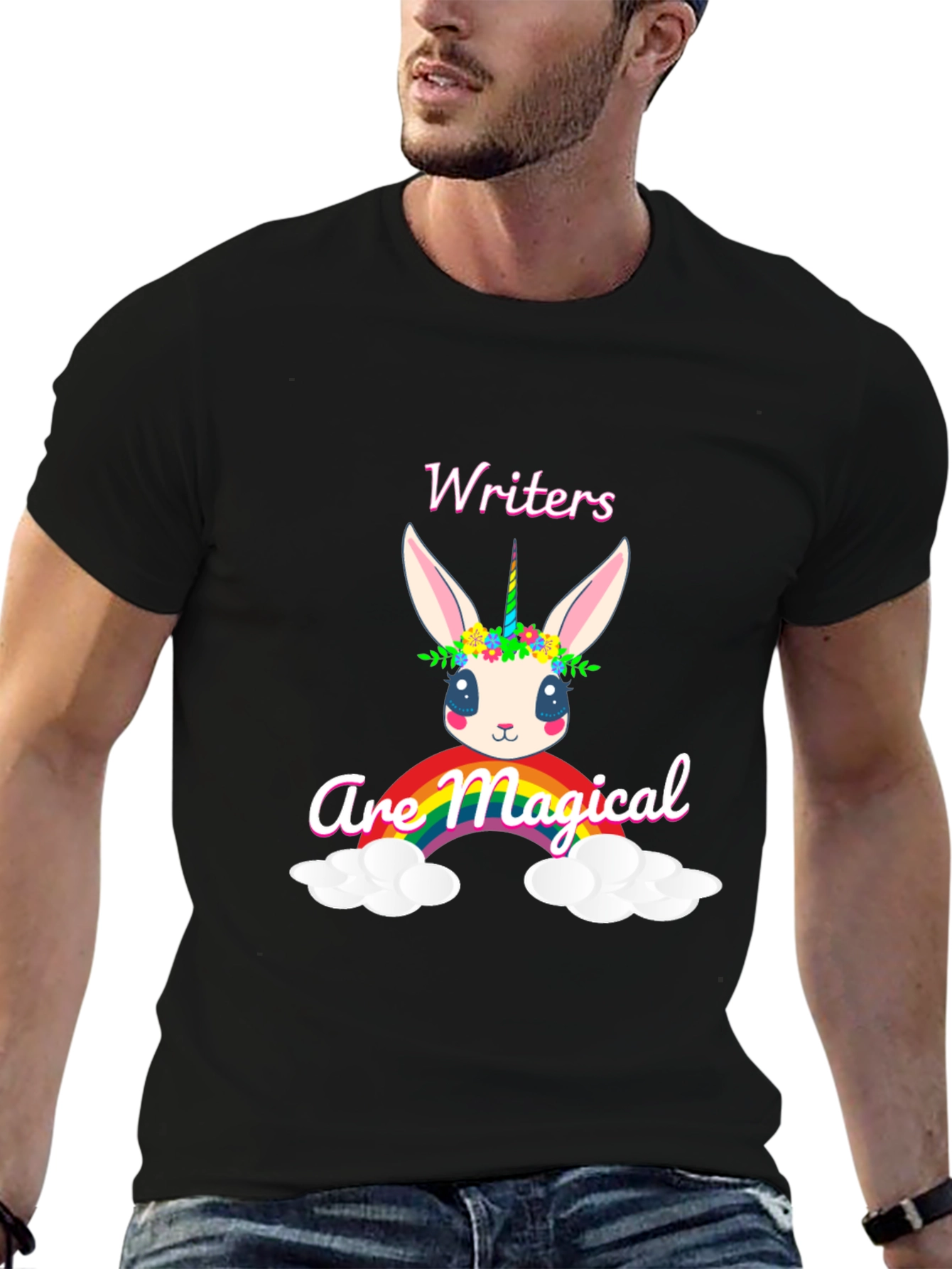 Black Magical Writers T-Shirt, Cute Unicorn Bunny Design view 6