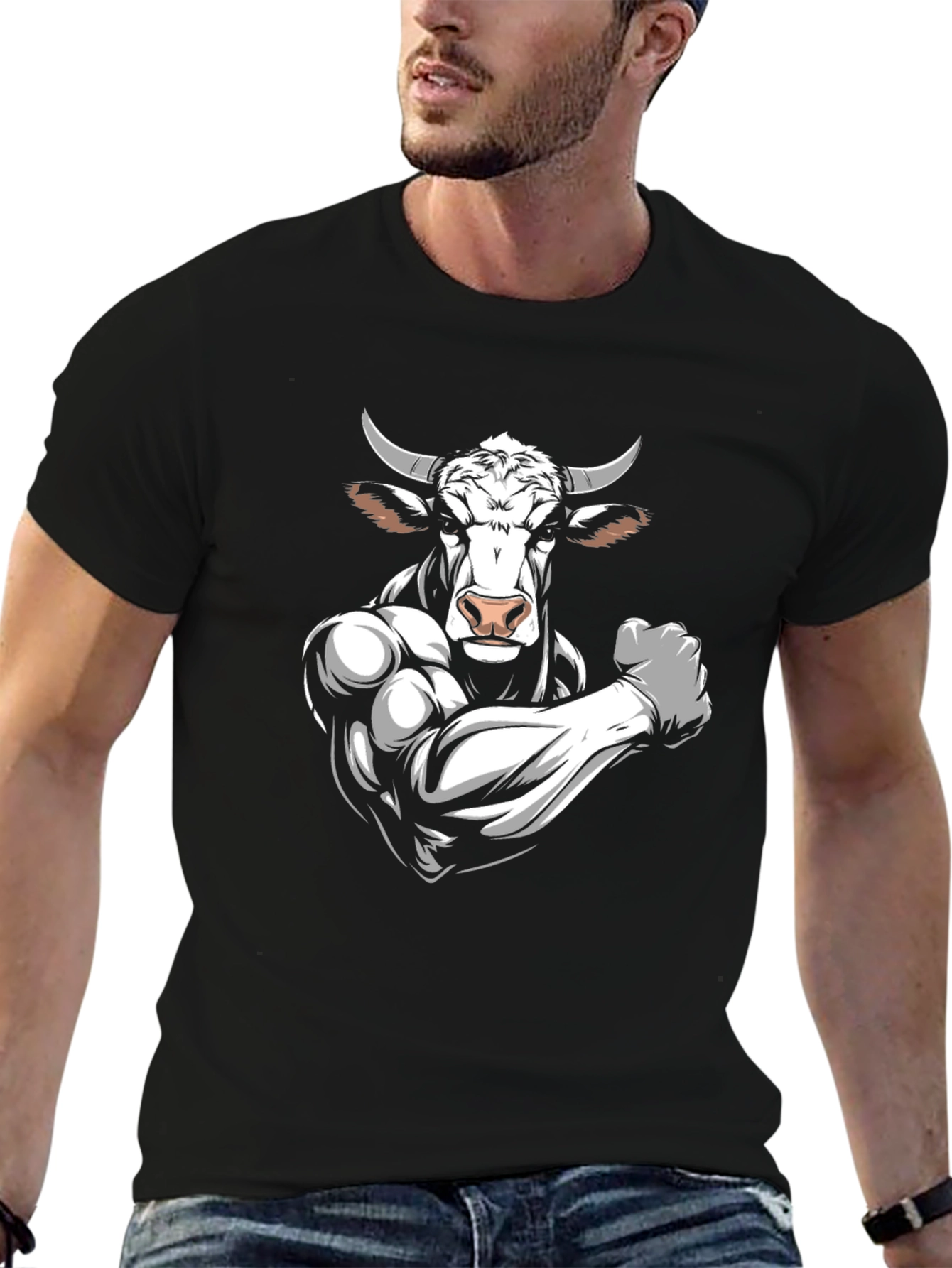 Black Black T-Shirt with Muscular Bull Graphic view 6