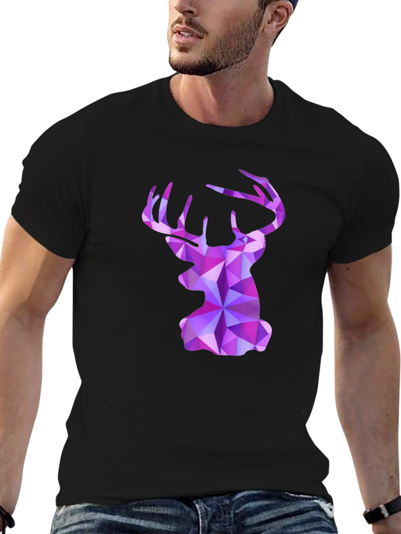 Black Geometric Deer Head Graphic Tee - Black view 6
