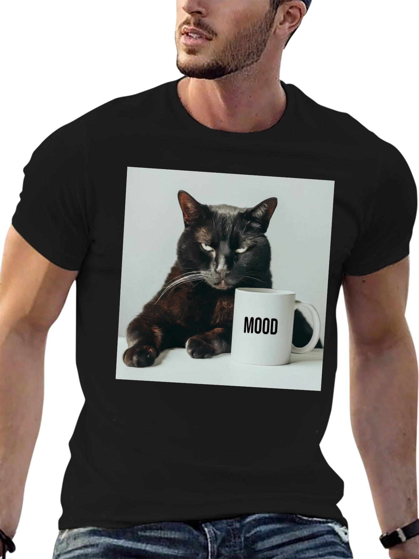 Black Mood Cat Graphic Tee - Black Cotton Comfort view 6