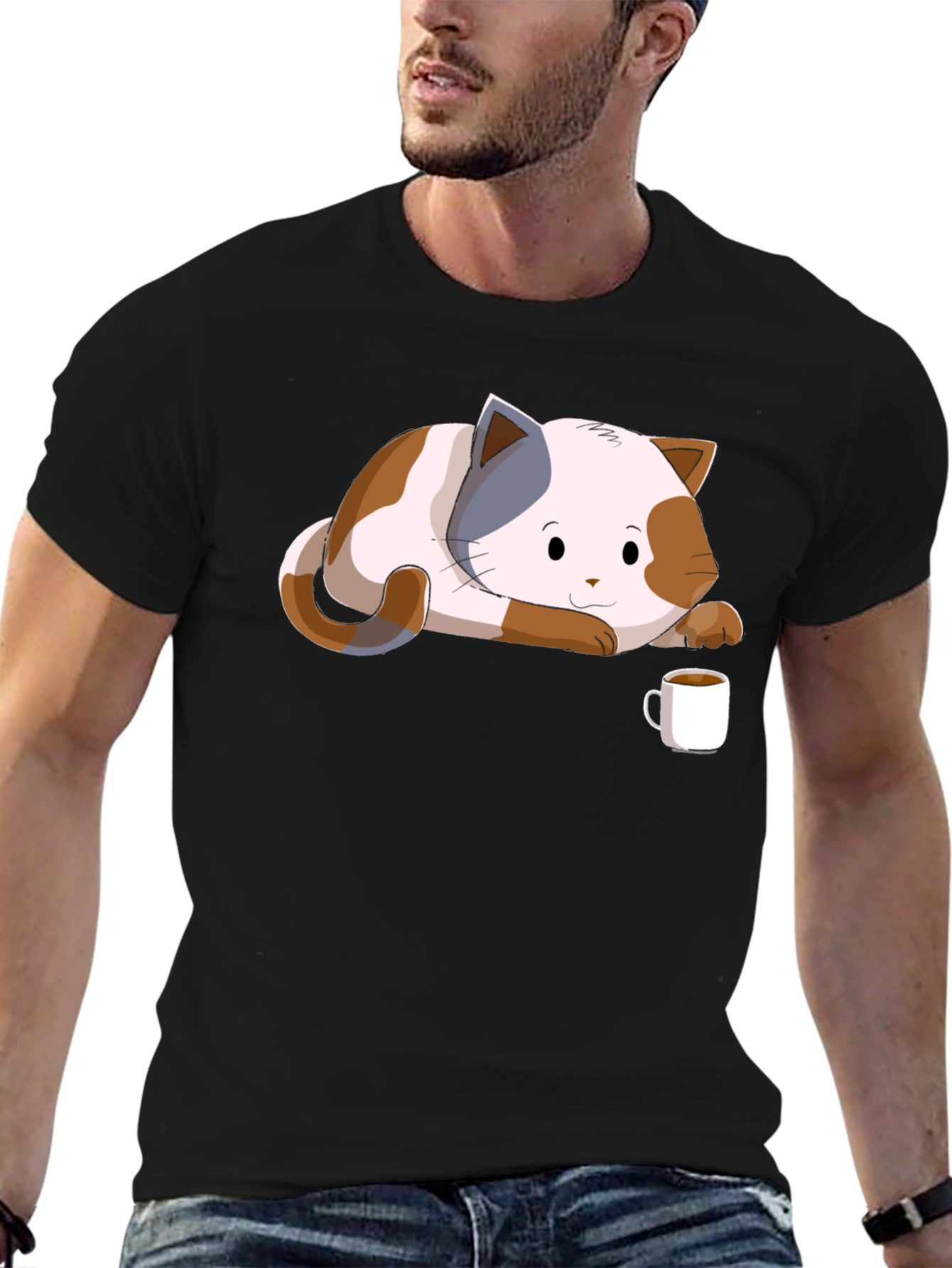 Black Cute Cat & Coffee Black T-Shirt view 6