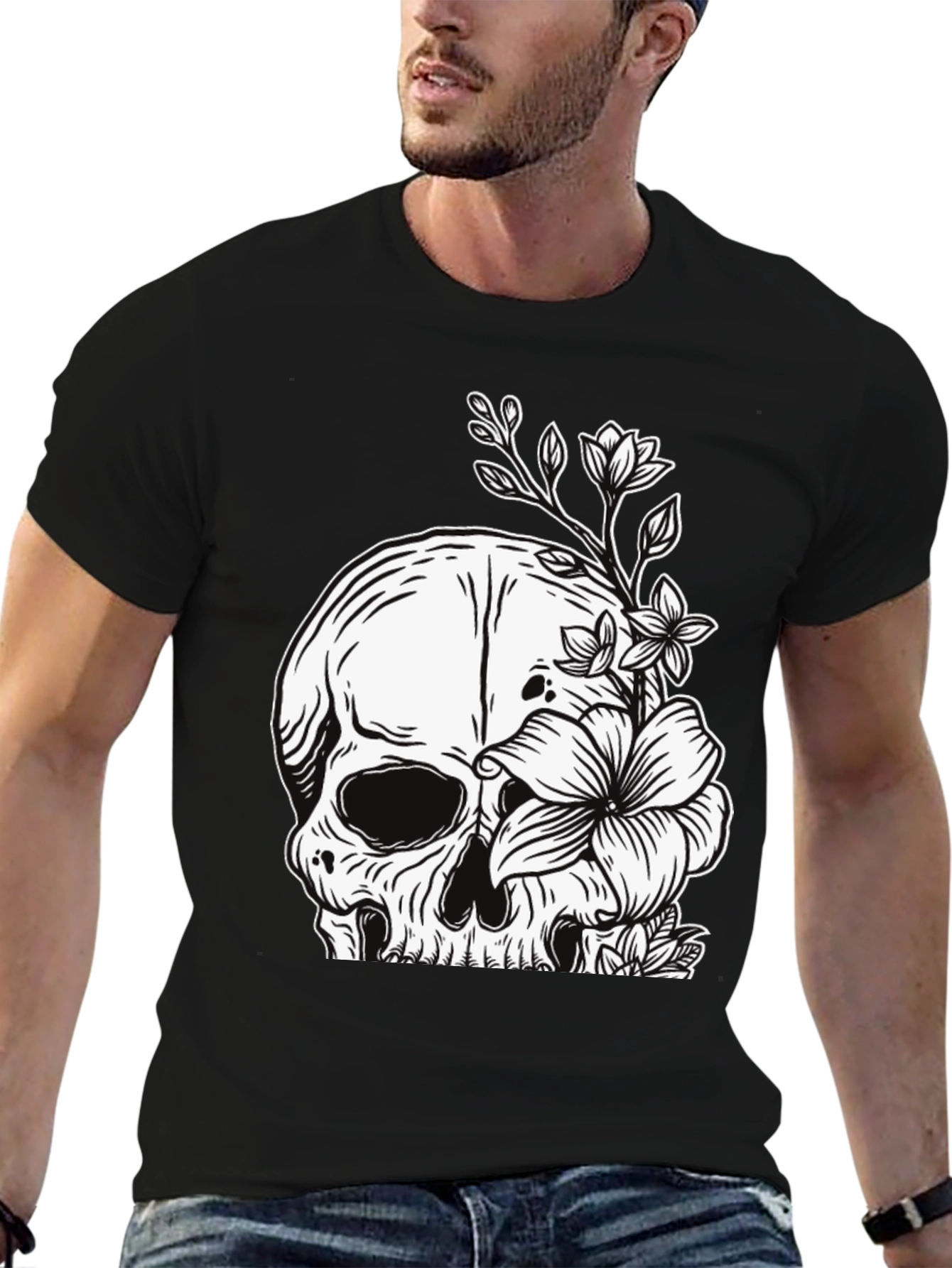 Black Skull and Flowers Graphic Black T-Shirt view 6