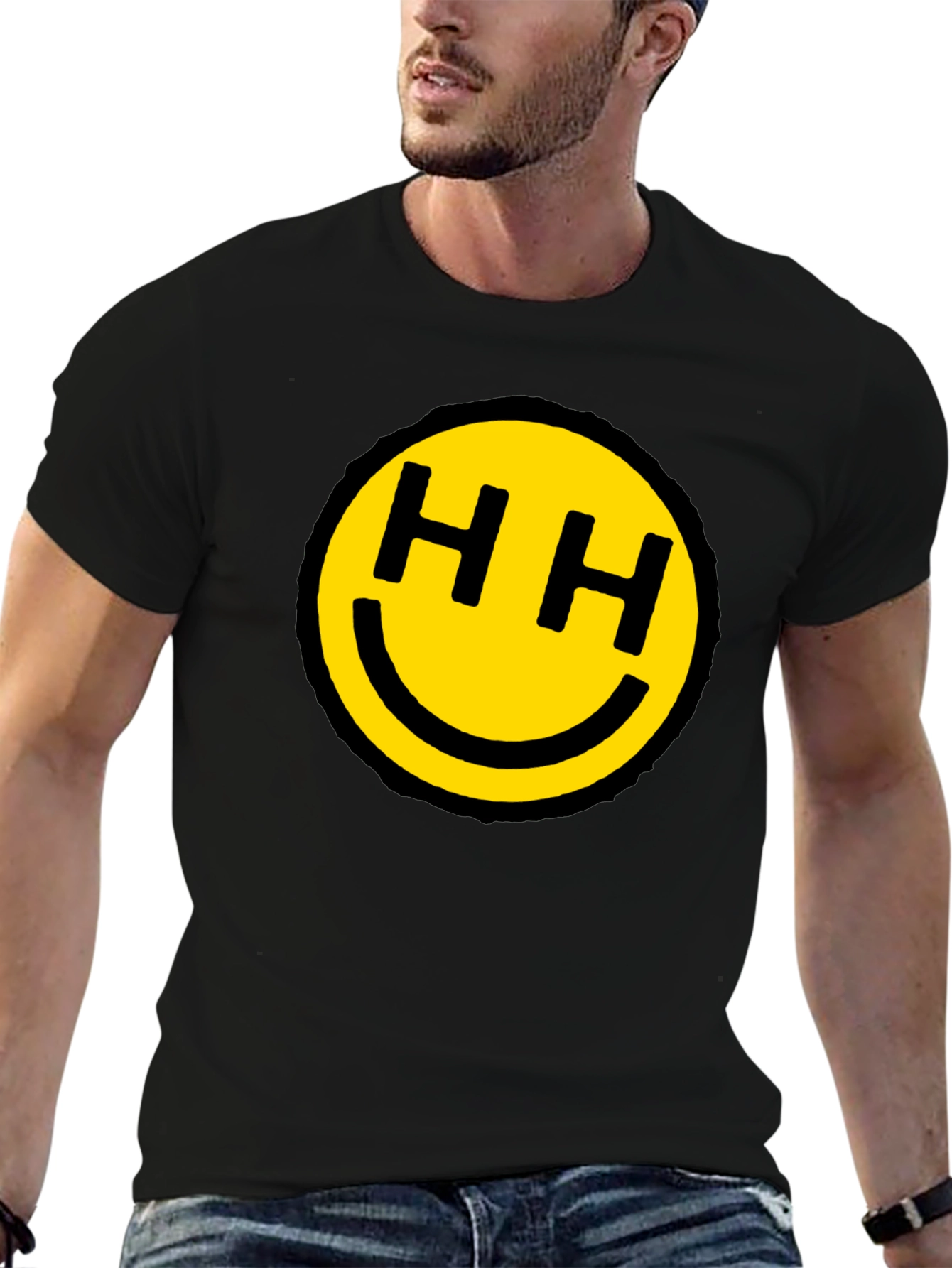 Black Happy Face HH Graphic Tee - Black Cotton Blend view 6