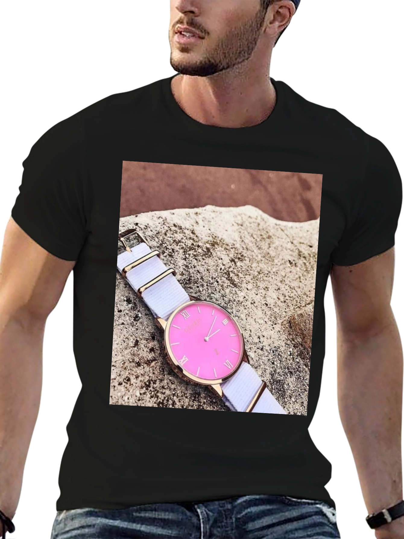 Black Stylish Pink Watch Tee - Modern Timepiece Design view 6
