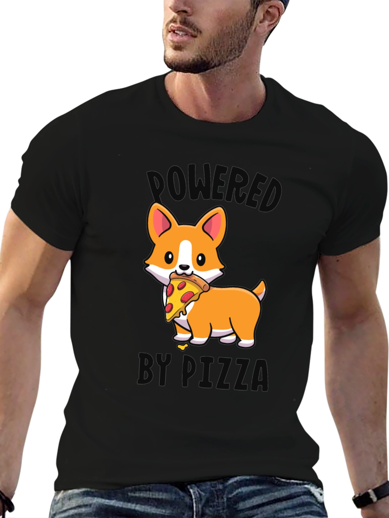Black Corgi Pizza T-Shirt - Powered by Pizza view 6