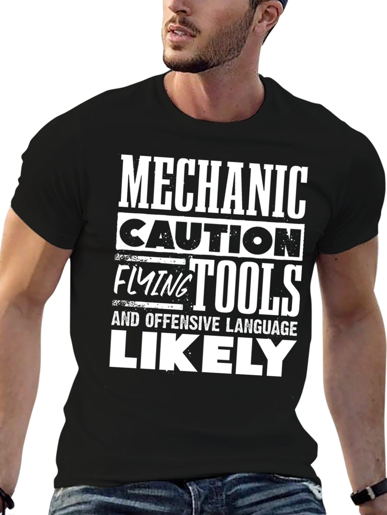 Black Mechanic Flying Tools Caution Novelty T-Shirt view 6