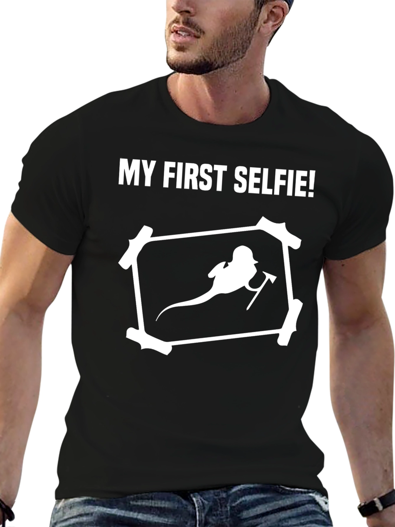 Black Funny My First Selfie Graphic Tee Shirt view 6