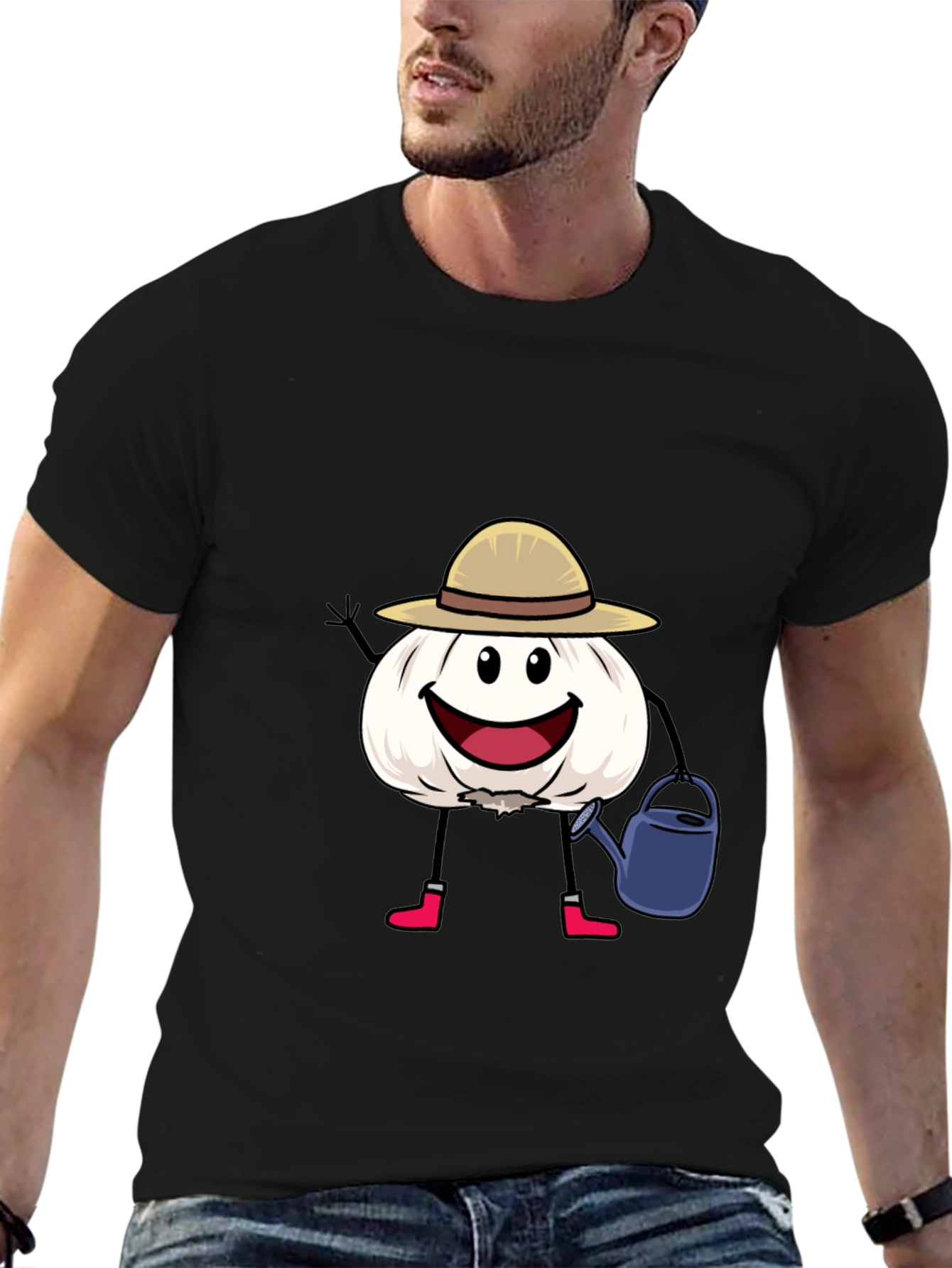 Black Cartoon Garlic Gardener Black T-Shirt view 6