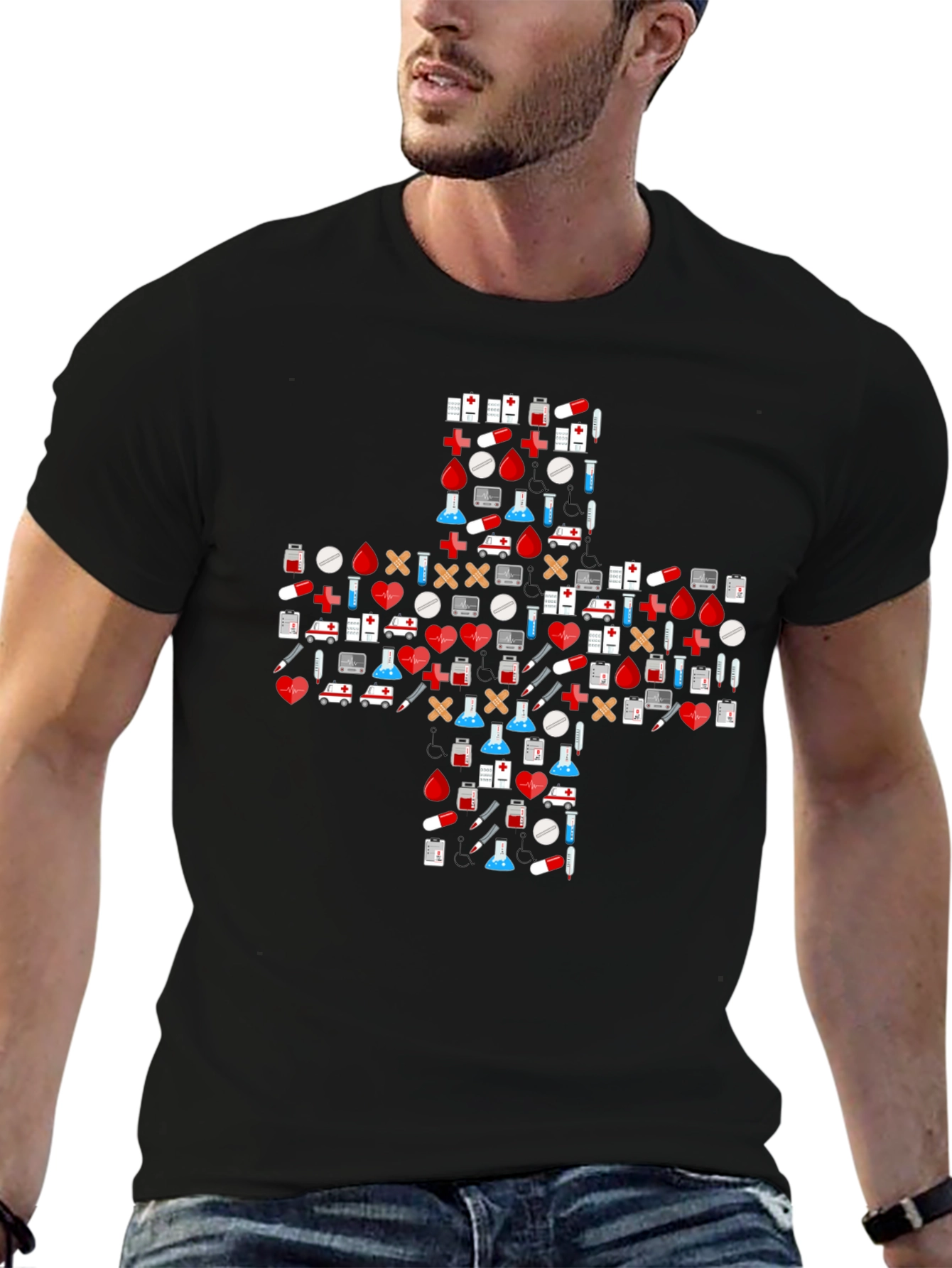 Black Medical Pattern Black T-Shirt view 6