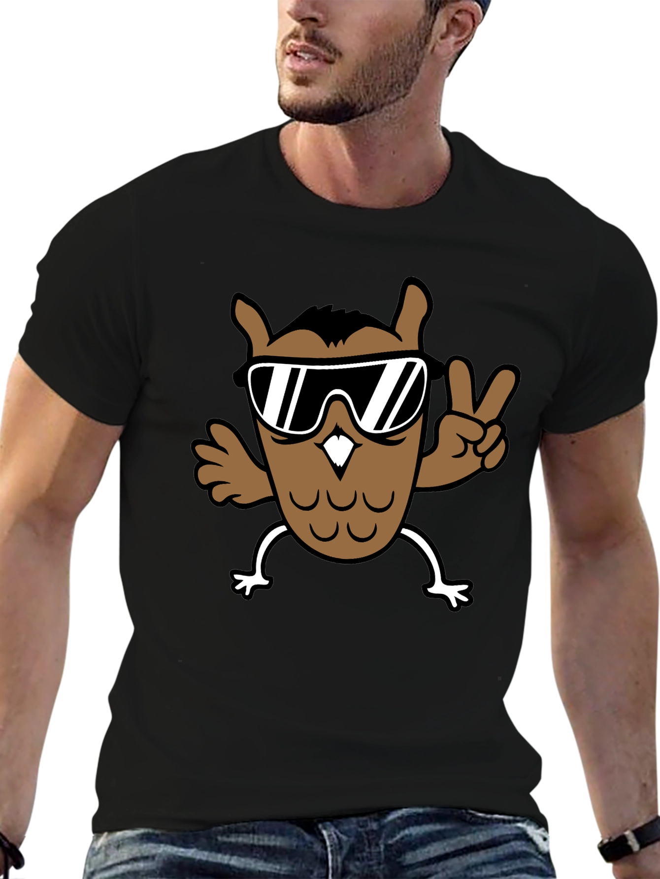 Black Cool Owl Graphic Tee - Black Cotton T-Shirt view 6