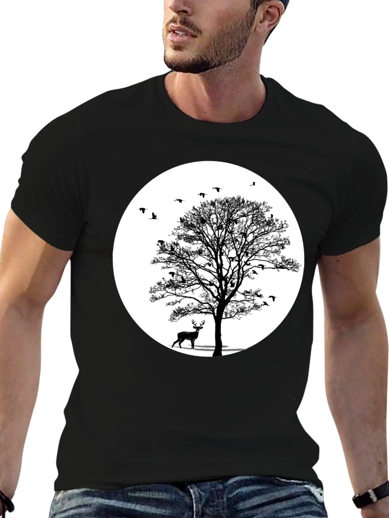 Black Nature Scene Graphic Tee - Deer and Birds view 6