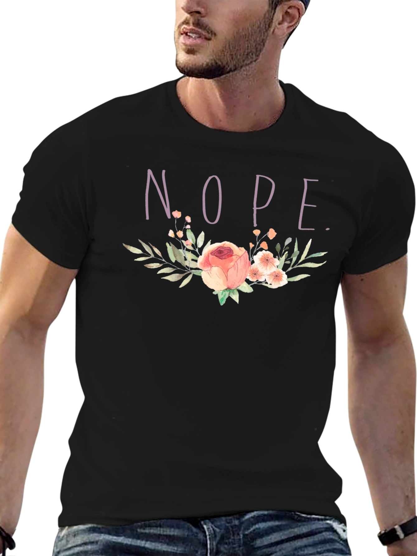 Black Floral NOPE. T-Shirt - Black Cotton Tee view 6