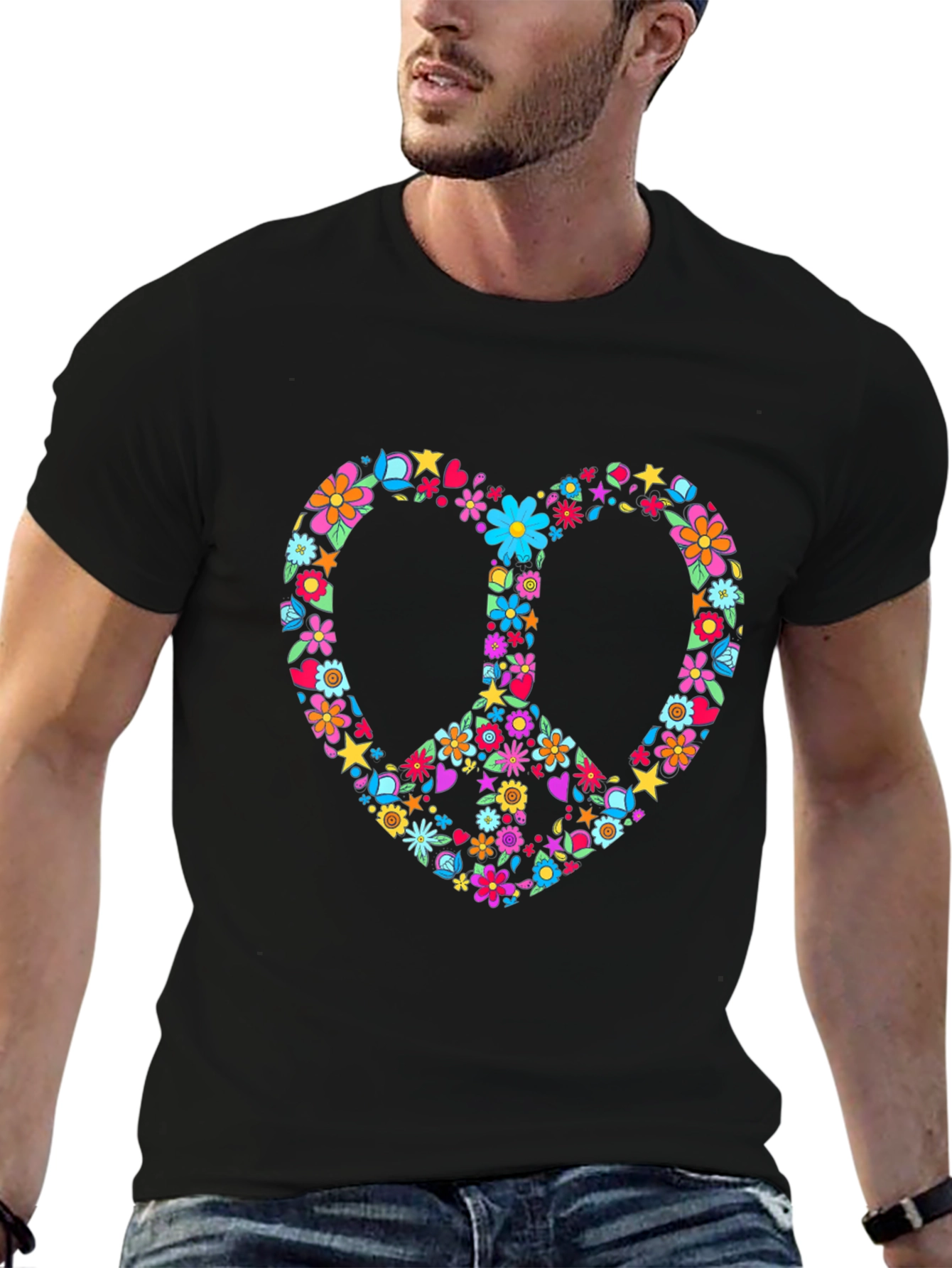 Black Floral Peace Sign Heart T-Shirt view 6