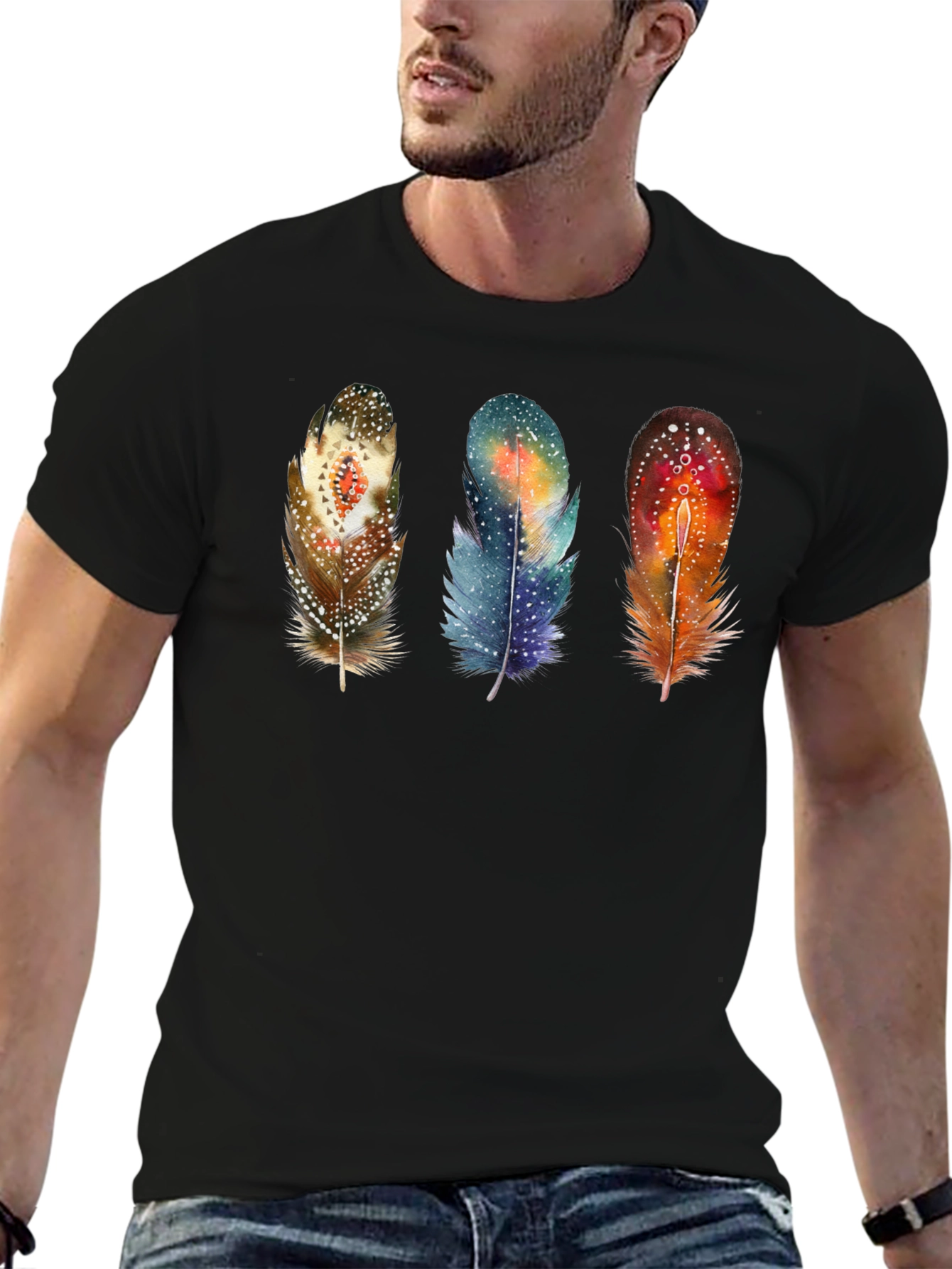 Black Feather Trio Graphic T-Shirt - Unique Artistic Design view 6