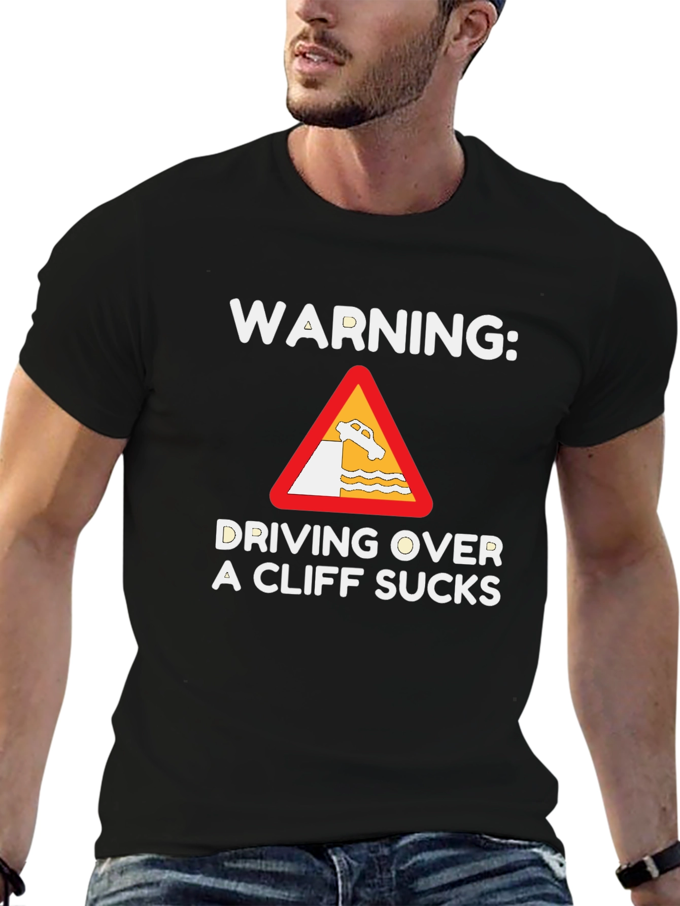Black Warning: Driving Over a Cliff Sucks T-Shirt view 6