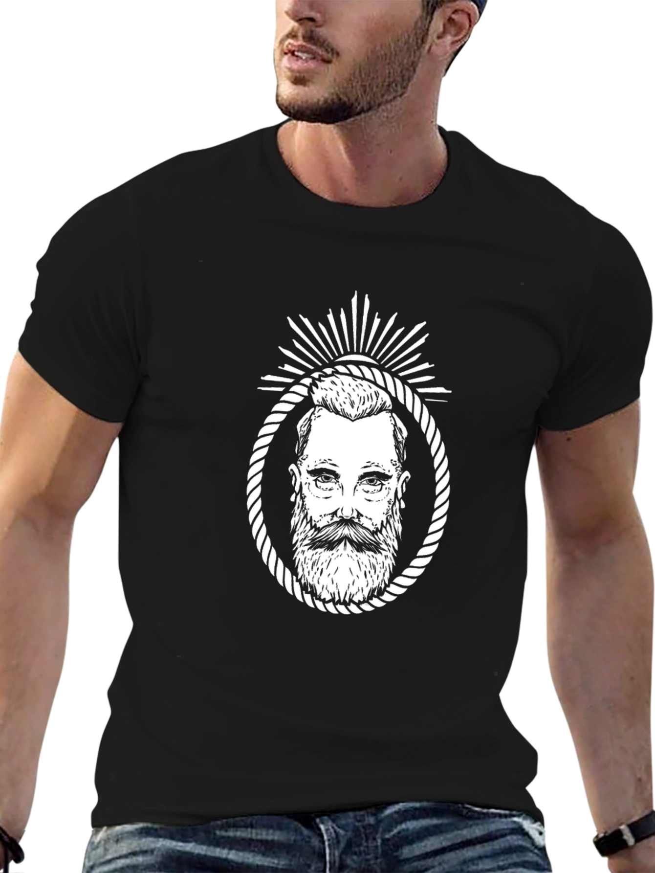 Black Men's Black T-Shirt with Bearded Man Graphic view 6