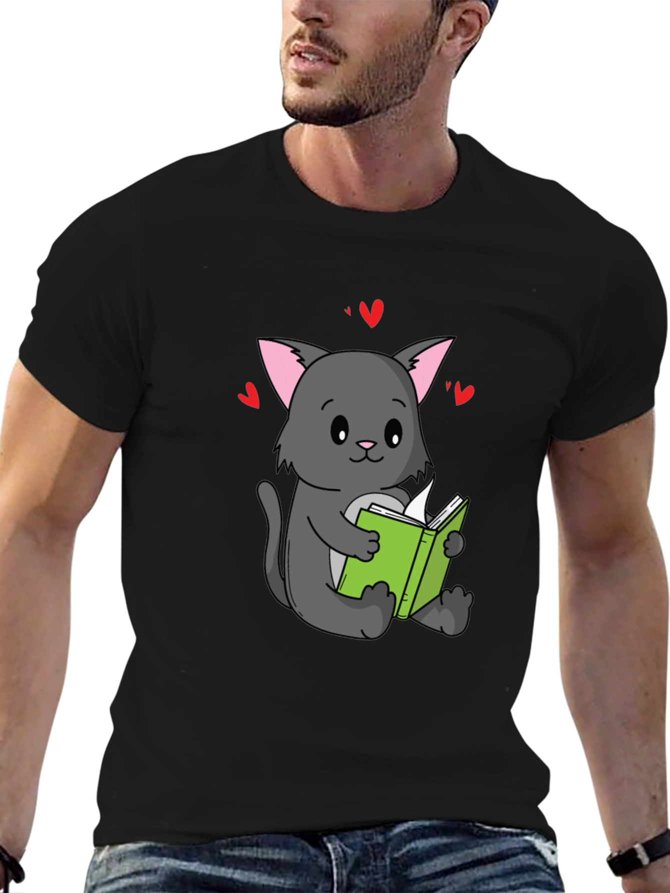 Black Cute Cat Reading Book T-Shirt - Unisex view 6