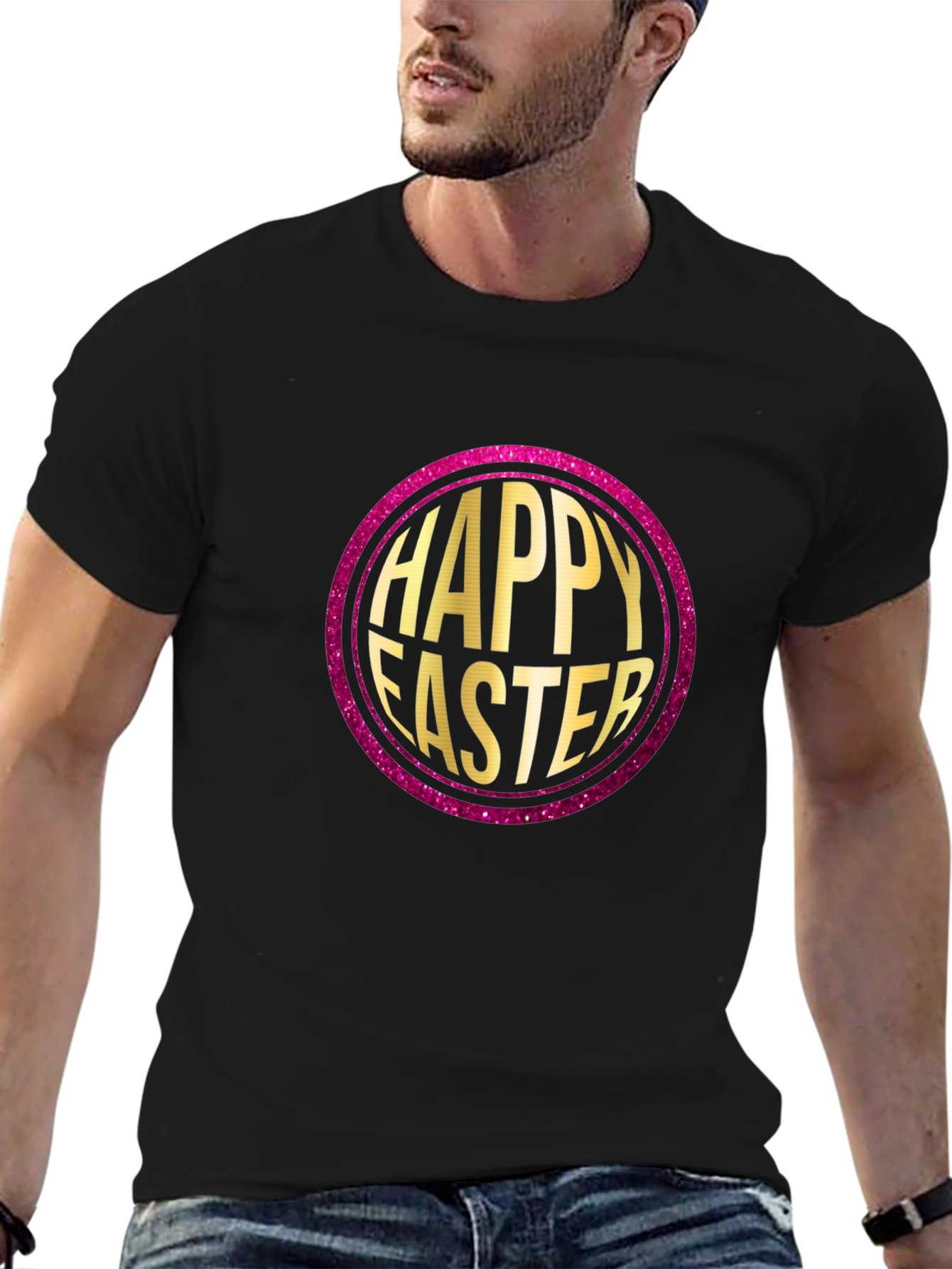 Black Happy Easter Graphic Print Crew Neck T-Shirt view 6