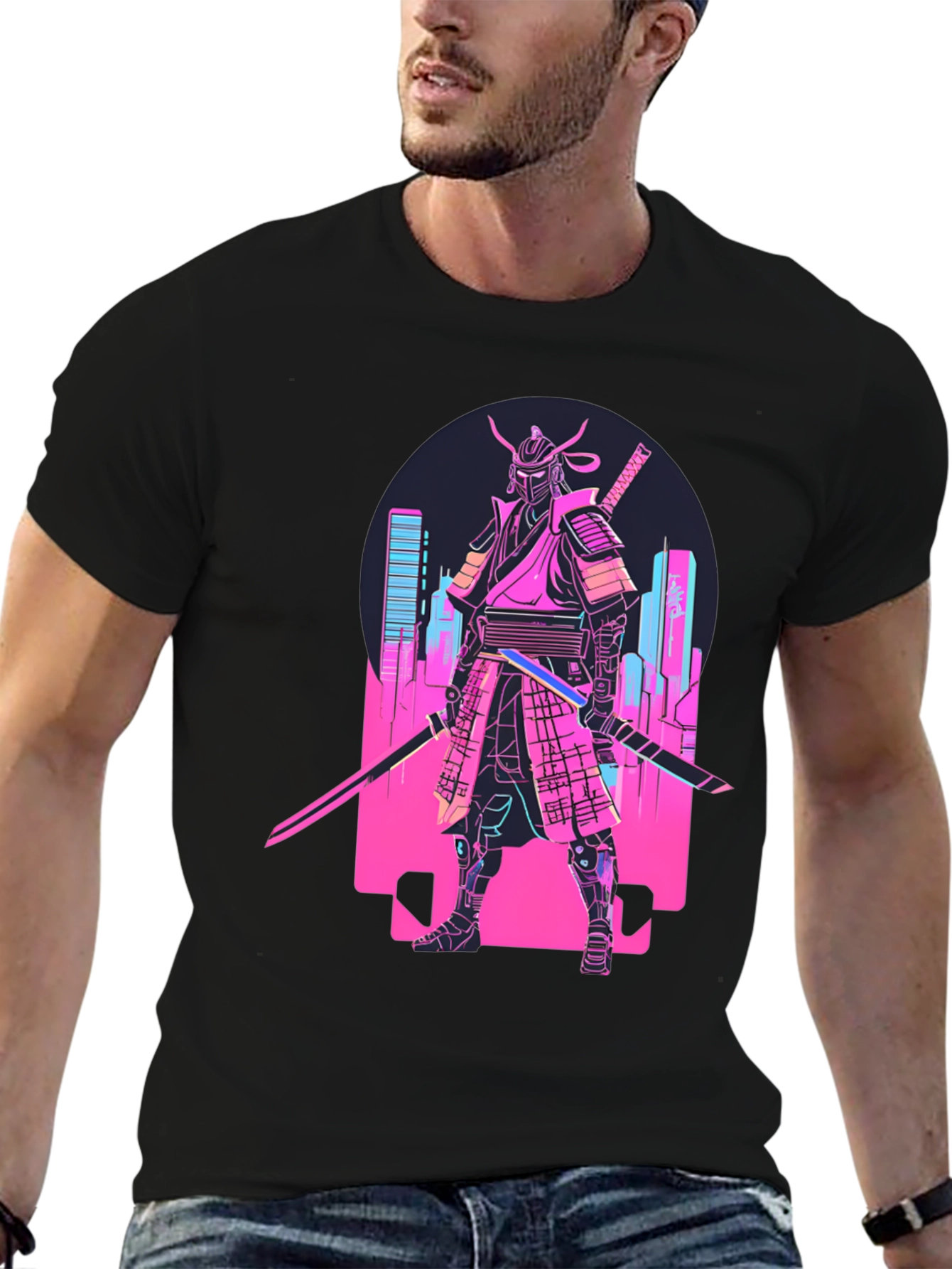 Black Cyberpunk Samurai T-Shirt - Neon City Warrior view 6