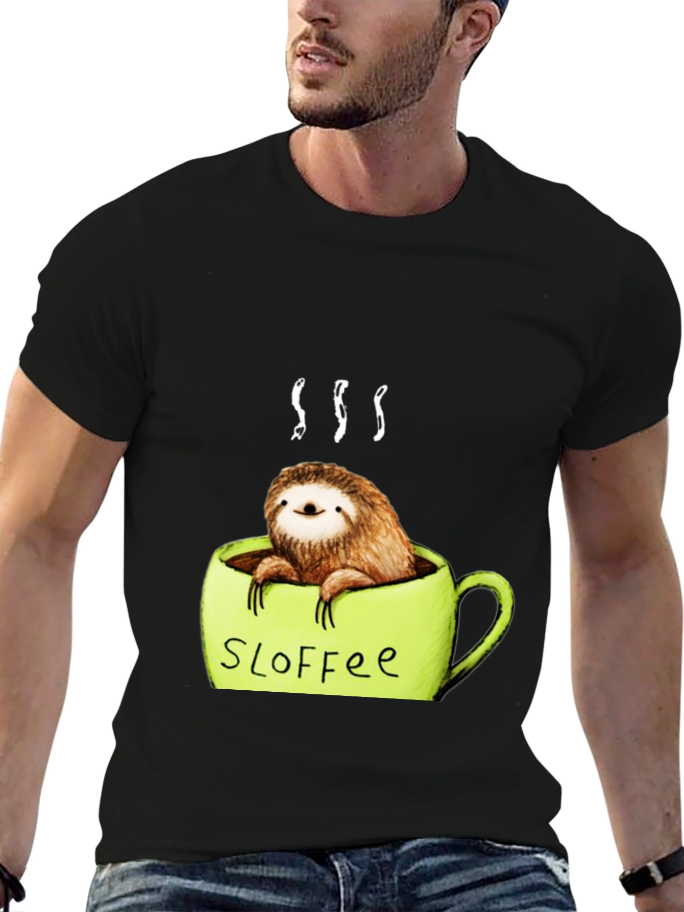 Black Funny Sloth Coffee Graphic Tee view 6