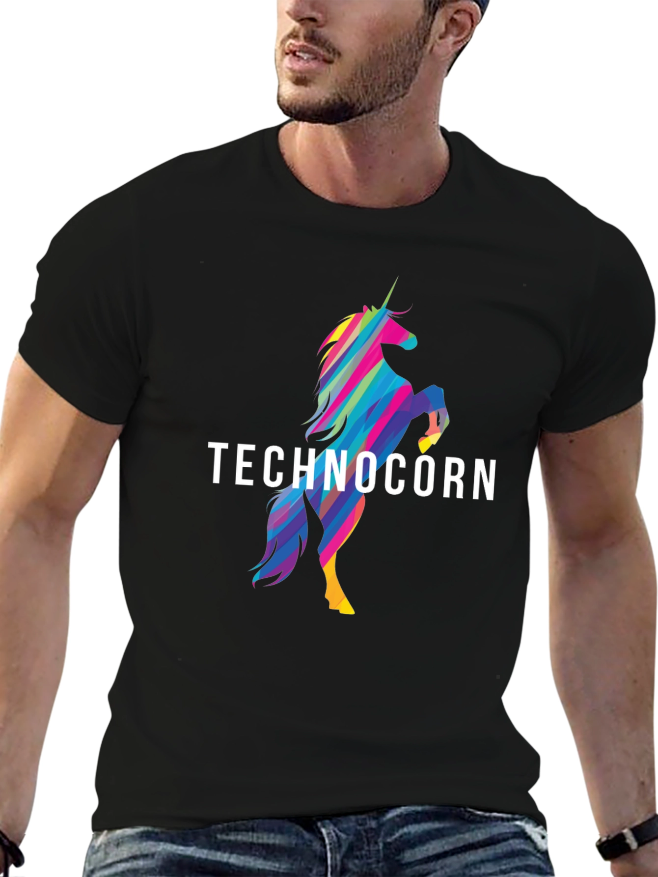 Black Technocorn Graphic T-Shirt - Black Cotton Tee view 6