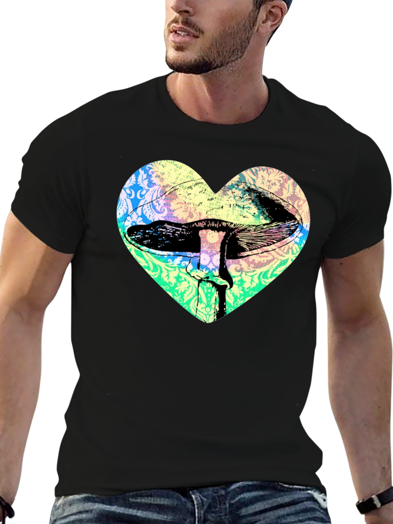 Black Psychedelic Mushroom Heart T-Shirt - Groovy Graphic Tee view 6