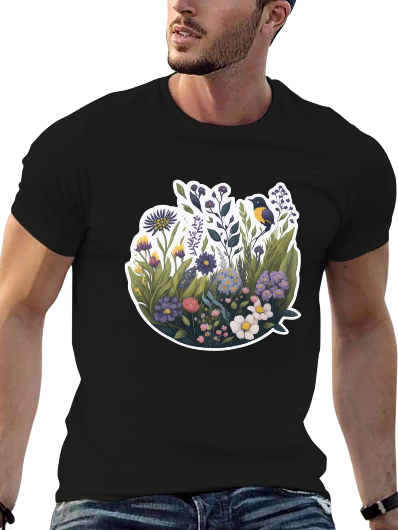 Black Floral Bird Graphic Black T-Shirt view 6