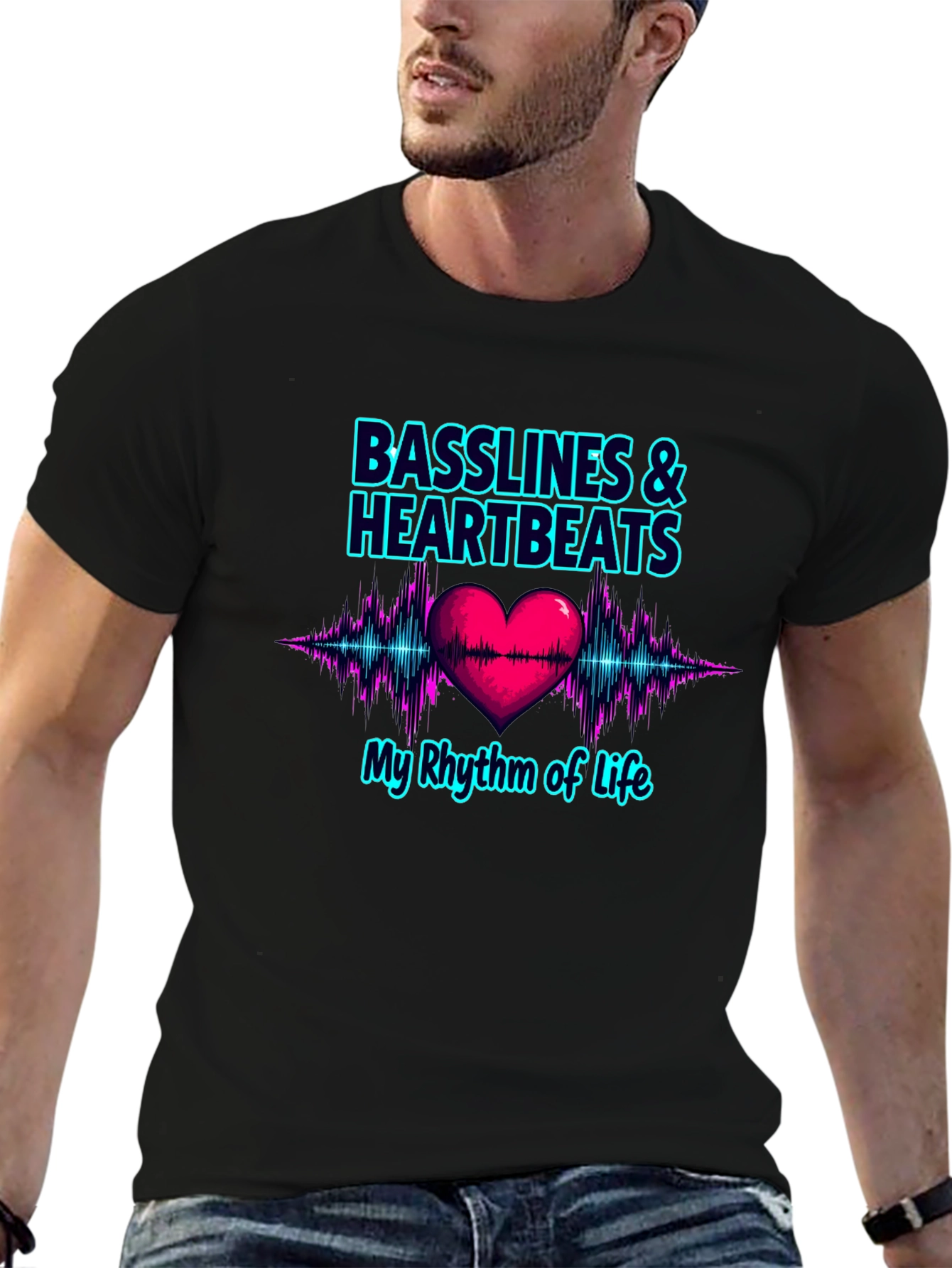 Black Basslines & Heartbeats Graphic T-Shirt view 6