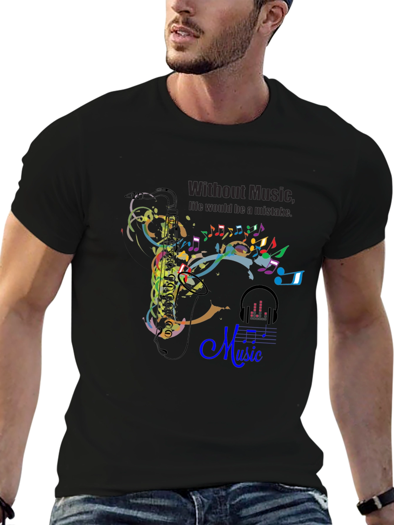 Black Music Lover's Tee: Saxophone & Notes Graphic Black T-Shirt view 6